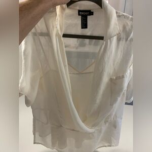 DKNY Ivory Draped V-Neck Short Sleeve Blouse AND top ( 2 pieces set) SILK